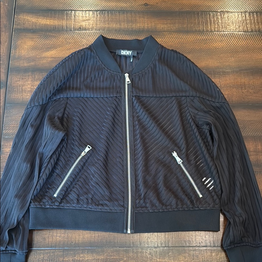 DKNY Black Sheer Bomber Jacket with Ribbed Cuffs